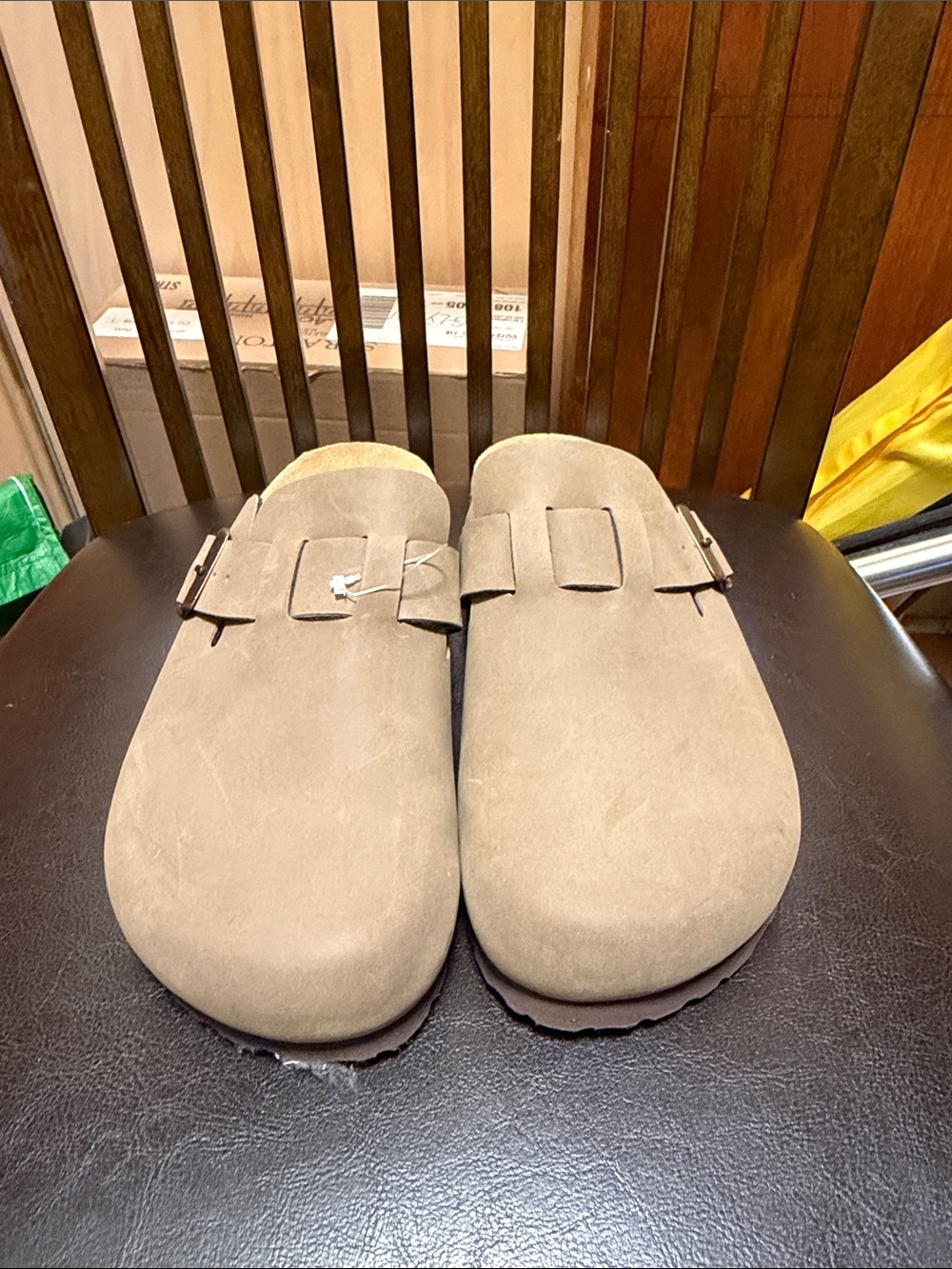 Mens Suede Slip-On Buckle Clogs in Taupe